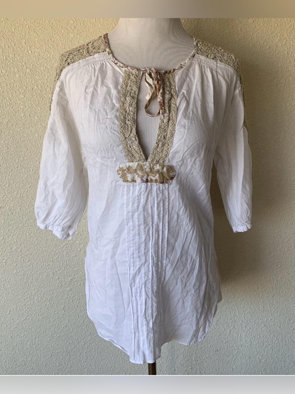 Free People Vintage White Tunic Blouse with Tan Lace Trim - Size S